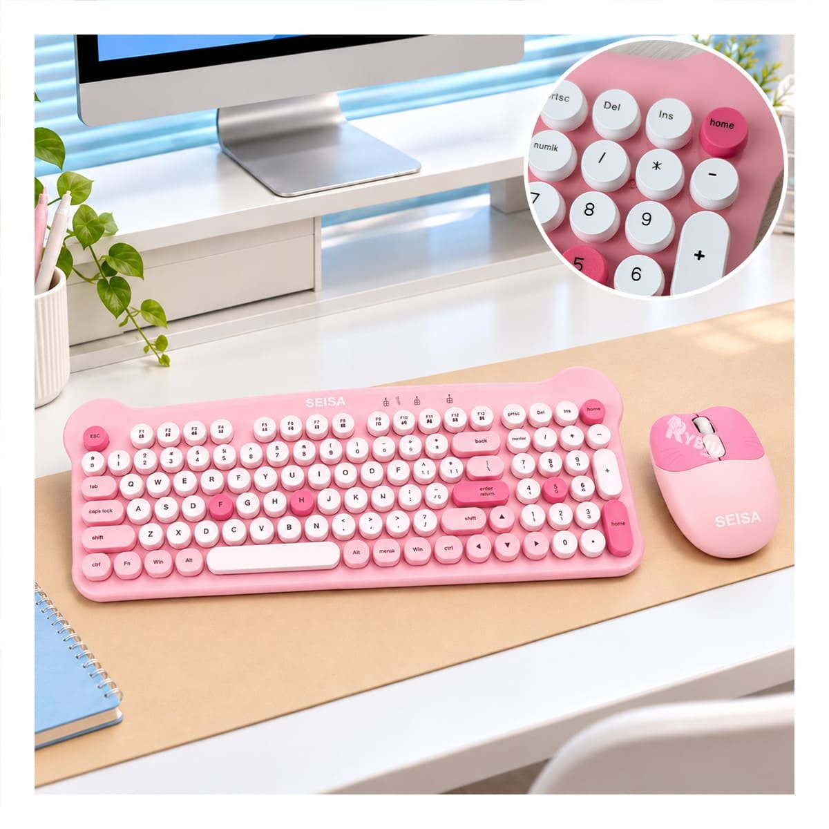 TECLADO Y MOUSE INALAMBRICOS DE ESTILO MINIMALISTA ROSADO Y PAPEL REGALO - 1