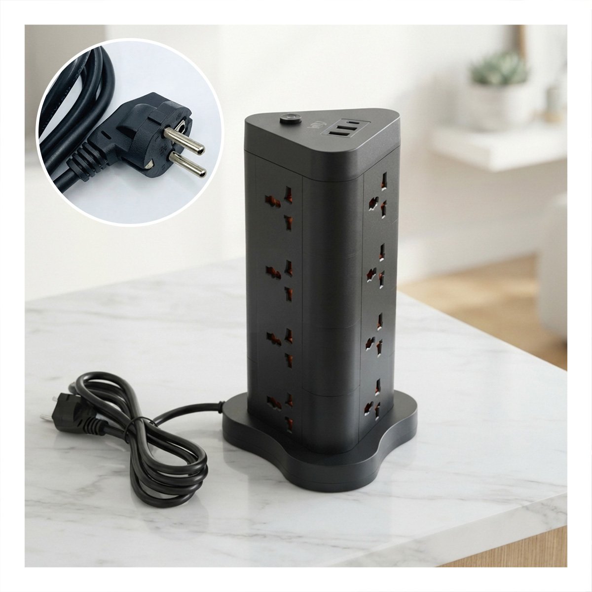EXTENSION VERTICAL 12 CON CARGA 2 PUERTOS USB 1 C NEGRO Y REGALO STICKER - 1
