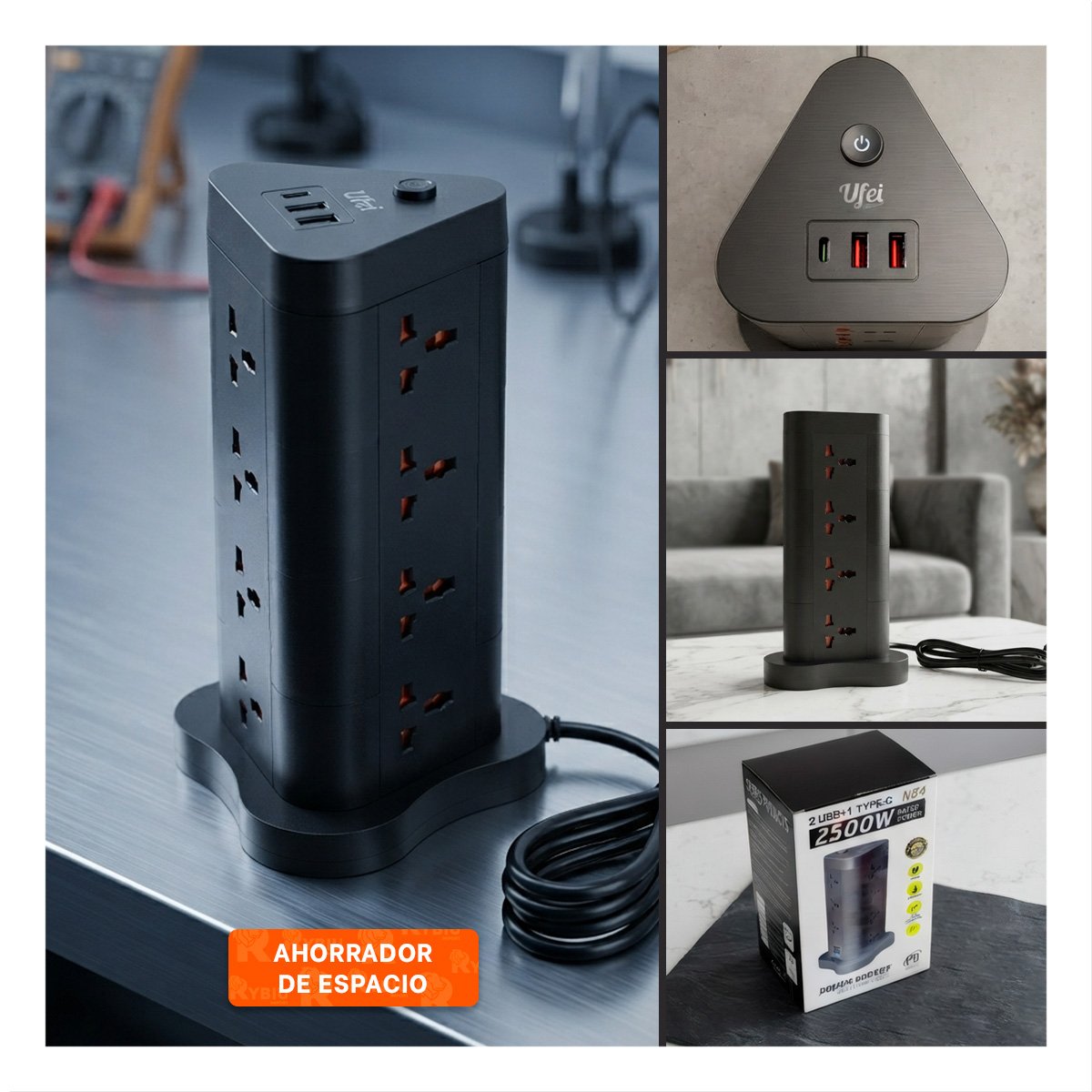 EXTENSION VERTICAL 12 CON CARGA 2 PUERTOS USB 1 C NEGRO Y REGALO STICKER - 3