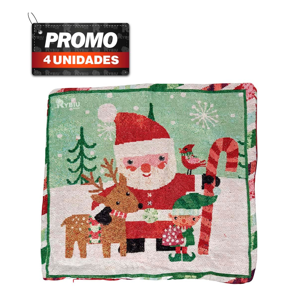 PACK4 PROTECTOR DE COJIN PARA SALA CON DISENO RENO SANTA DUENDE 45X45CM ROJO YREGALO STICKER - 1