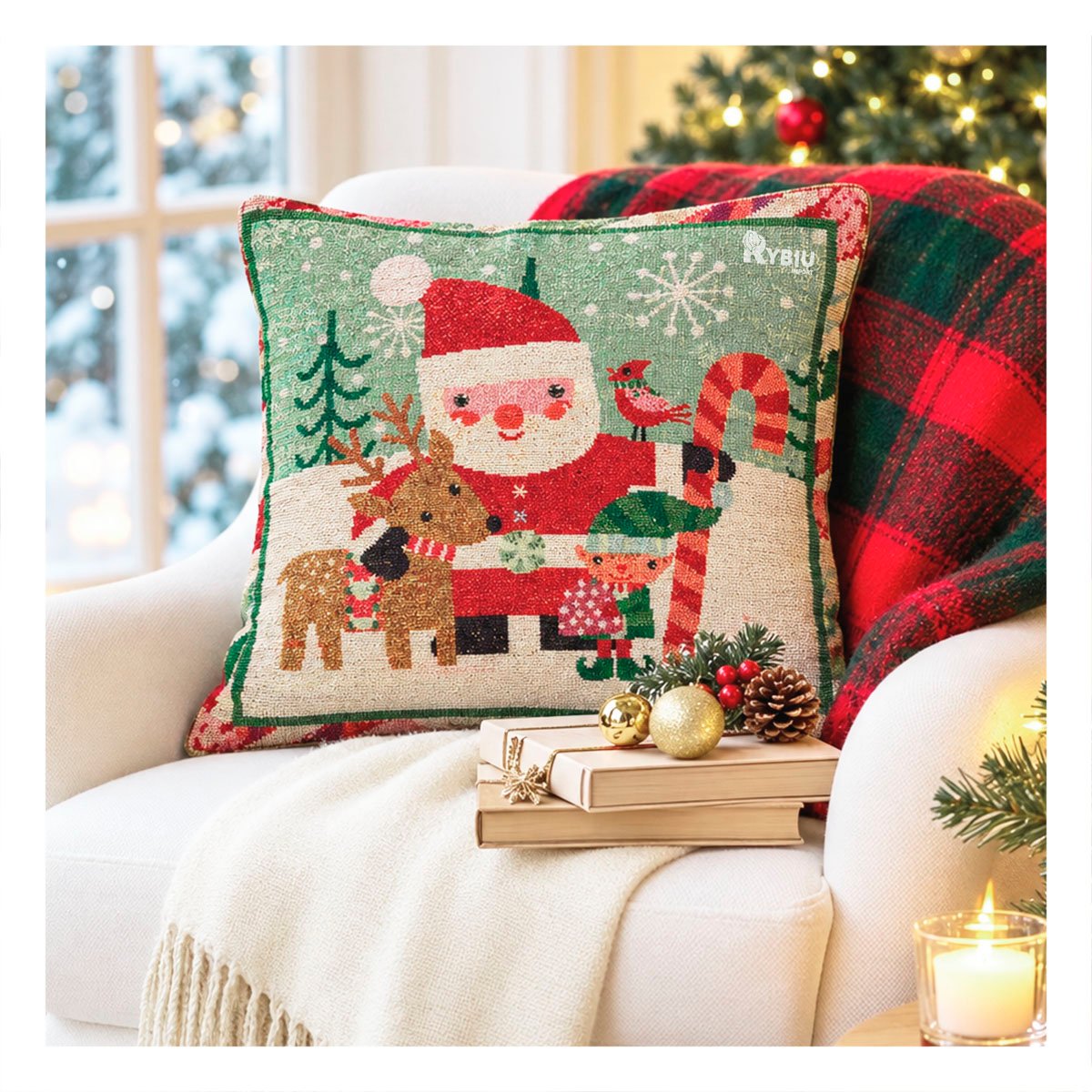 PACK4 PROTECTOR DE COJIN PARA SALA CON DISENO RENO SANTA DUENDE 45X45CM ROJO YREGALO STICKER - 2