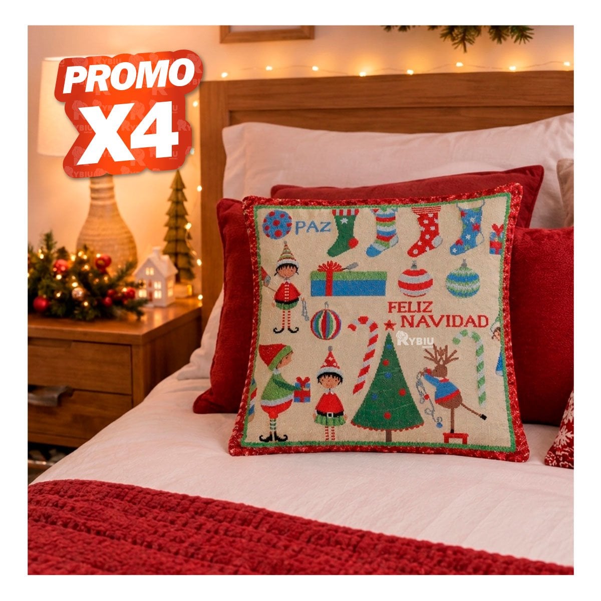 PACK4 CUBIERTA DE COJIN PARA SOFA CON ESTAMPADO NAVIDENO 45X45CM BEIGE - 1