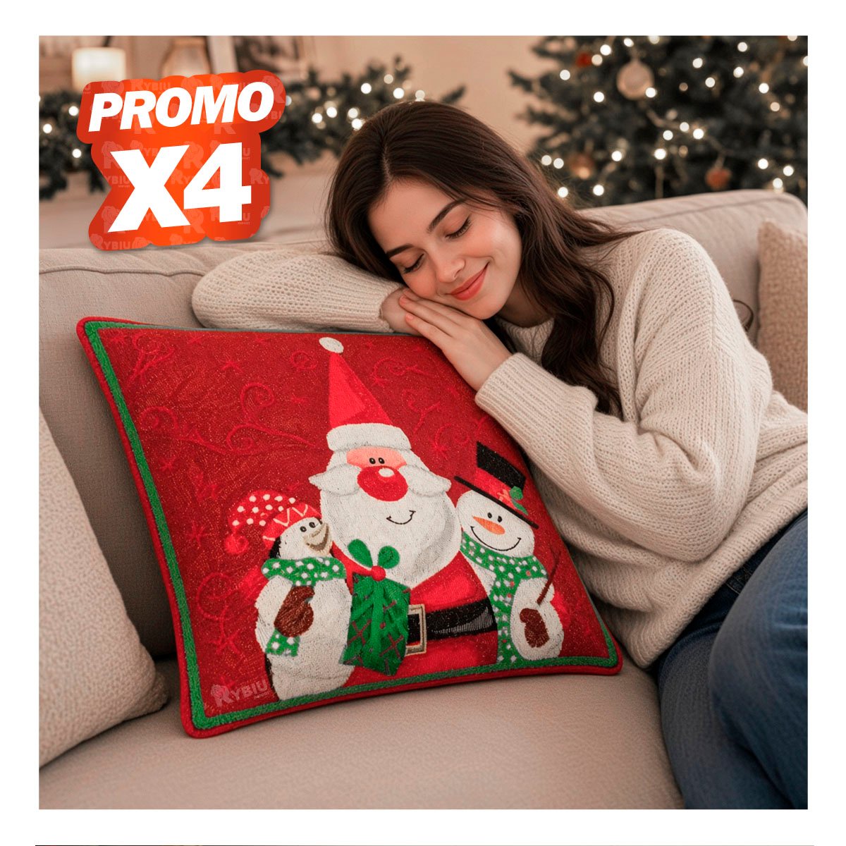 PACK4 FUNDA DE COJIN PARA SOFA GOBELINO CON SANTA NIEVE PING 45X45CM ROJO YREGALO STICKER - 1