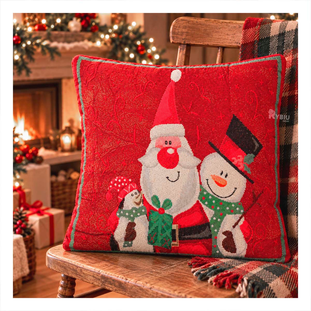PACK4 FUNDA DE COJIN PARA SOFA GOBELINO CON SANTA NIEVE PING 45X45CM ROJO YREGALO STICKER - 2