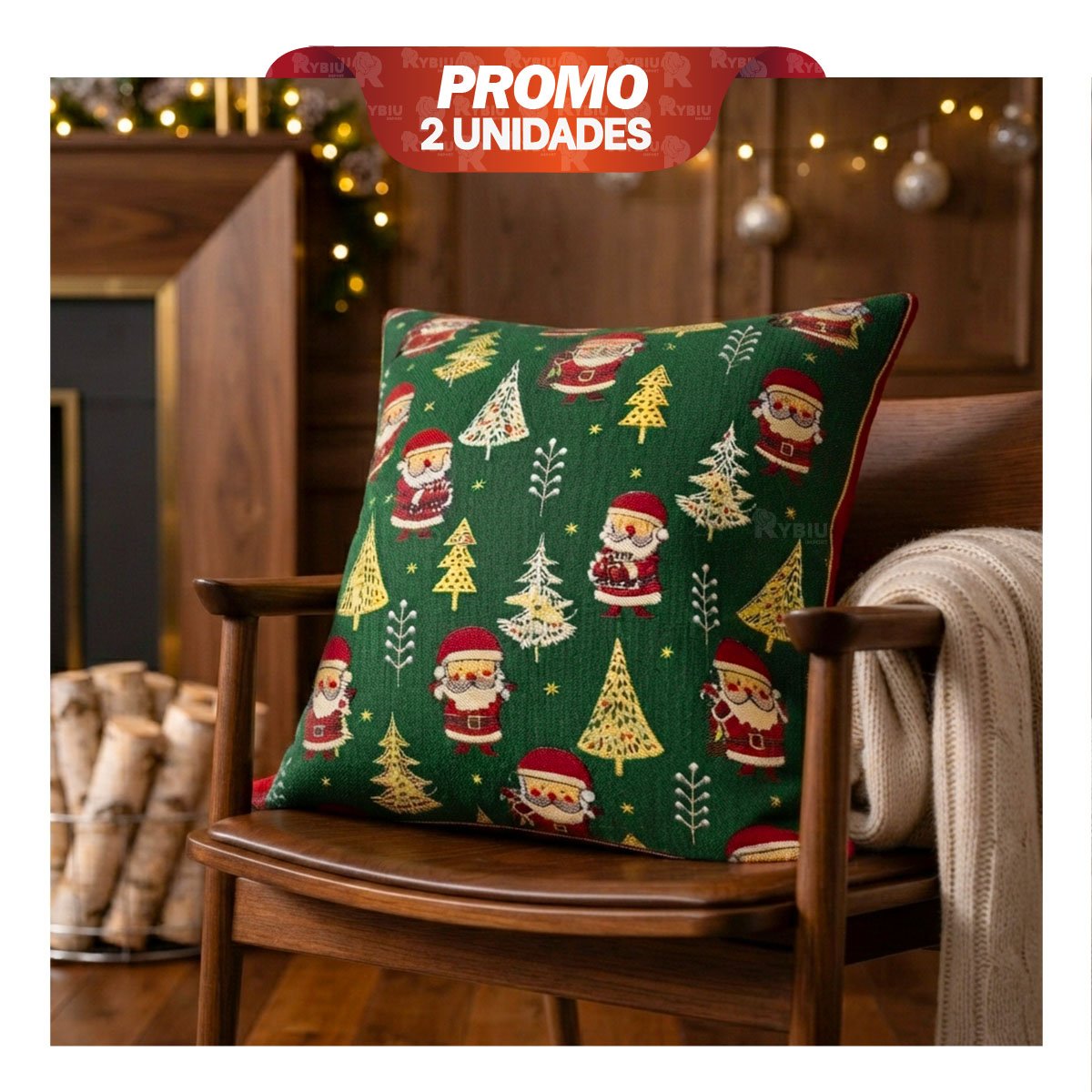 PACK2 COJIN DE TEMPORADA CON ESTAMPADO DE SANTA Y PINO VERDE YREGALO STICKER - 1