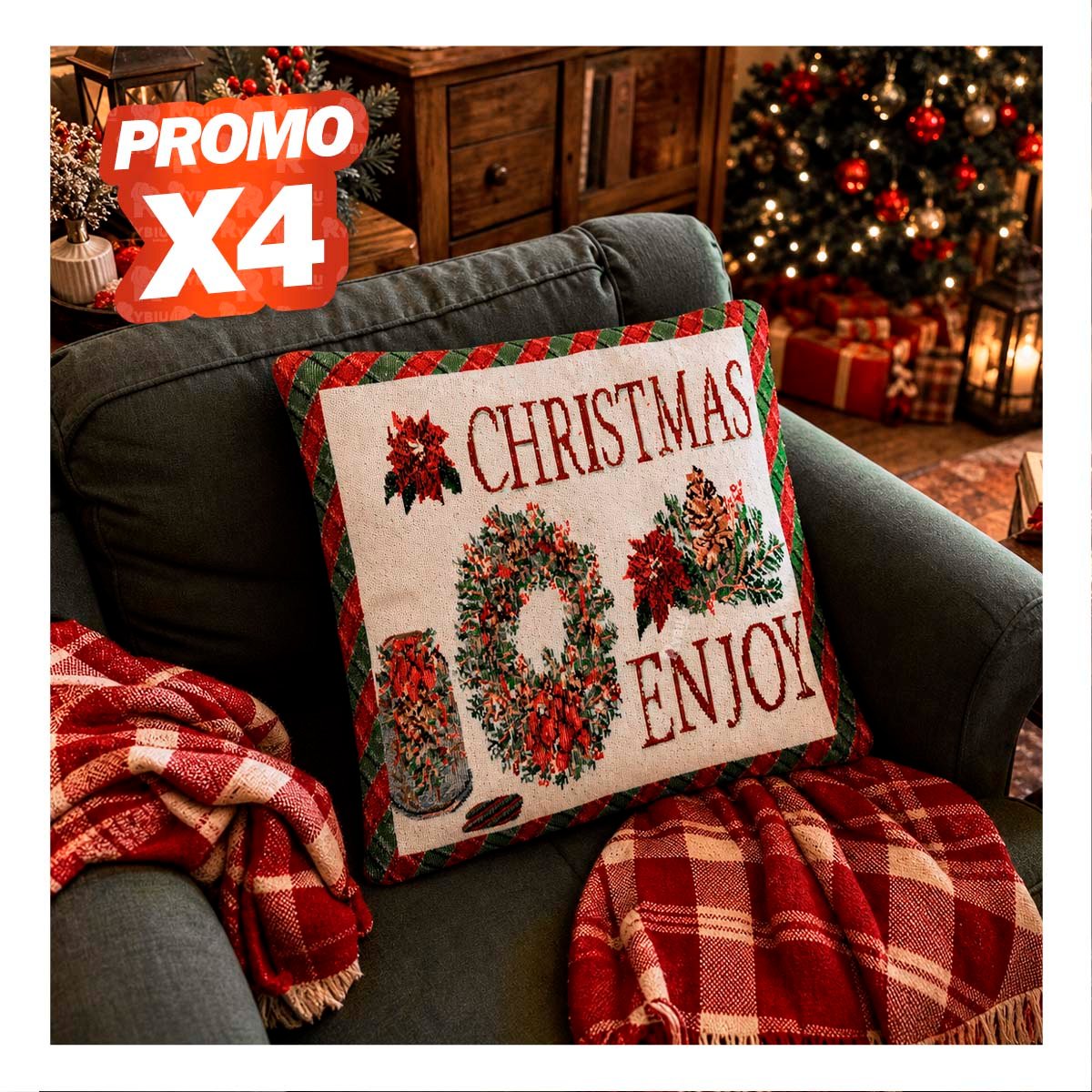 PACK4 FORRO DECORATIVO PARA ALMOHADON CON DISENO ENJOY 45X45CM ROJO YPAPEL REGALO - 1