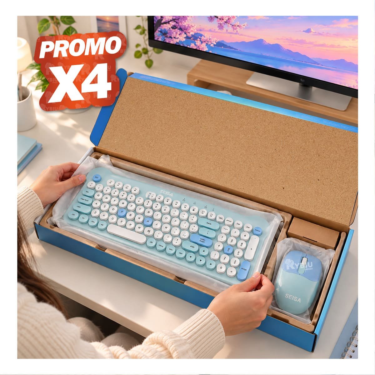 PACK4 TECLADO Y MOUSE INALAMBRICOS DE ESTILO MODERNO PARA PC CELESTE YPAPEL REGALO - 1