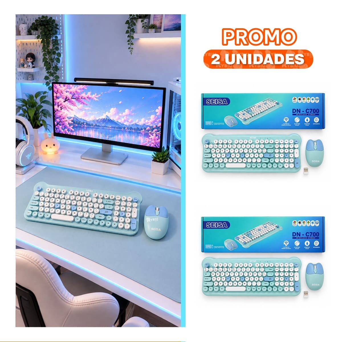 PACK2 TECLADO Y MOUSE PARA PC CON CONEXION INALAMBRICA CELESTE - 1