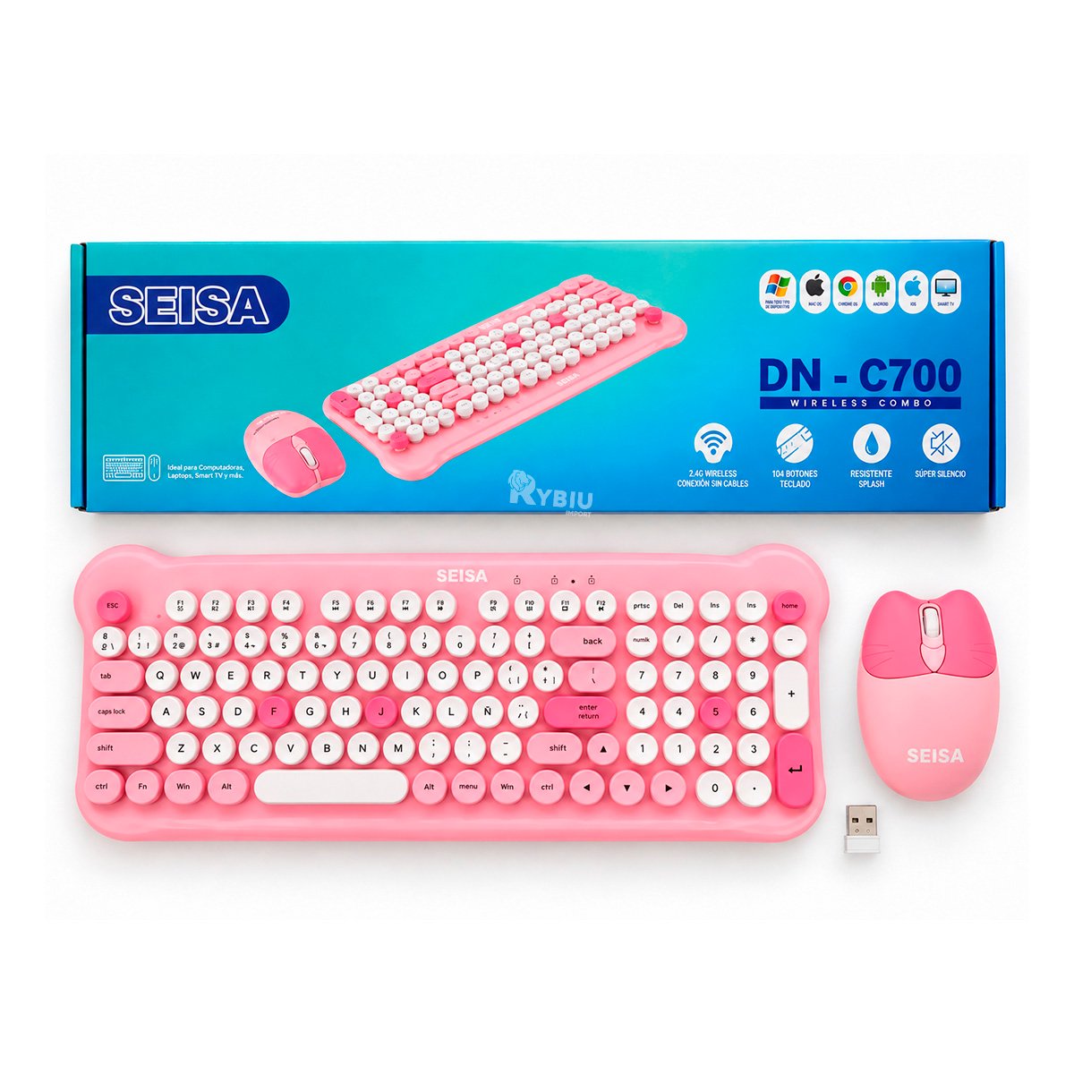 TECLADO Y MOUSE CON CONEXION INALAMBRICA EN COLOR ROSADO Y STICKY - 1