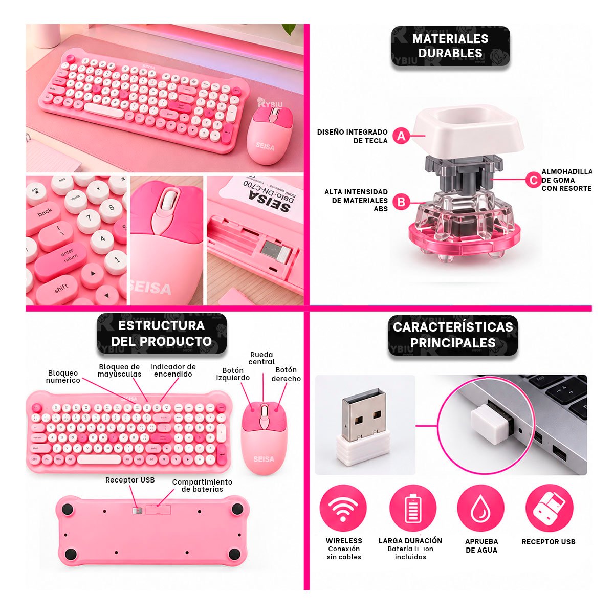 TECLADO Y MOUSE CON CONEXION INALAMBRICA EN COLOR ROSADO Y STICKY - 4