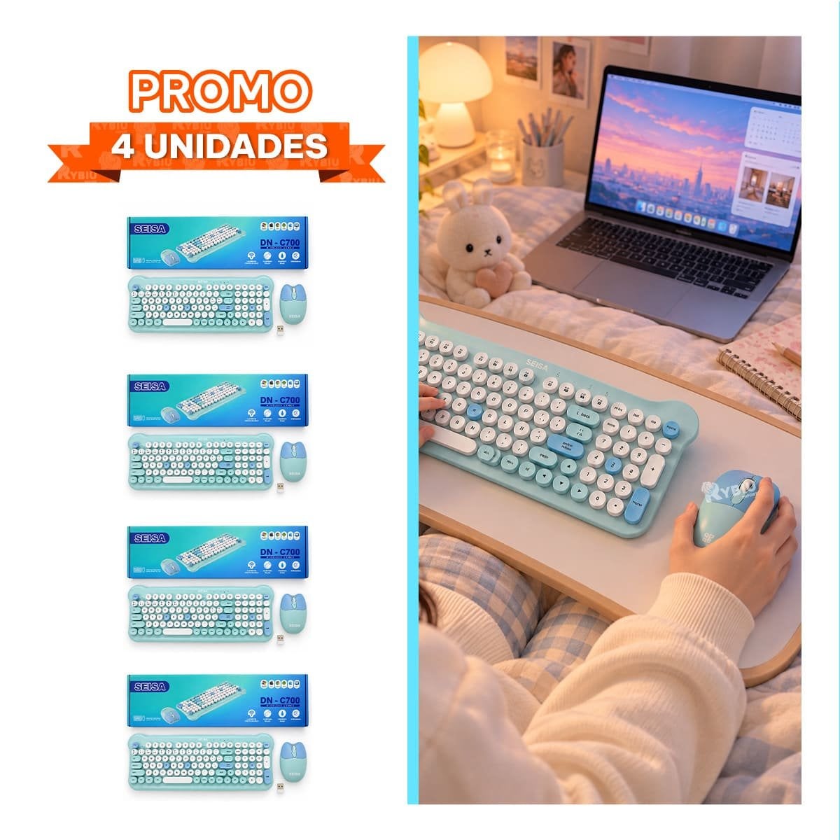 PACK4 CONJUNTO DE PERIFERICOS CON TECLADO Y MOUSE CELESTE - 1