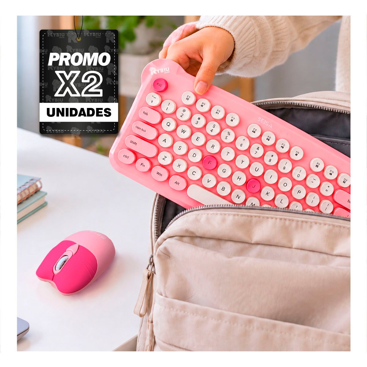 PACK2 ACCESORIOS DE COMPUTO CON TECLADO Y MOUSE ROSADO YPAPEL REGALO - 1
