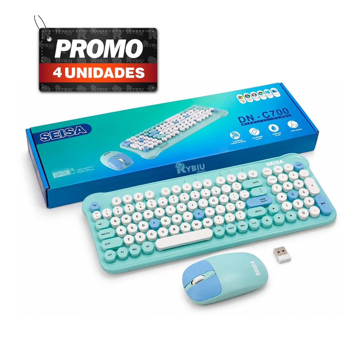 PACK4 KIT DE PERIFERICOS INALAMBRICOS CON ACABADO CELESTE YREGALO STICKER - 1