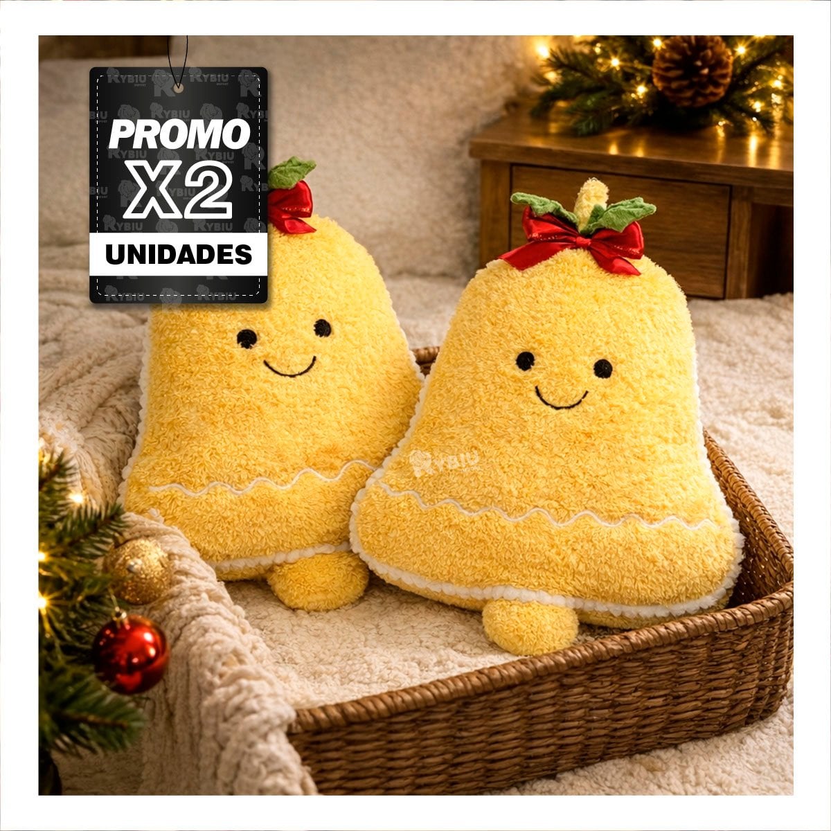 PACK2 COJIN FESTIVO CON SILUETA DE CAMPANA EN PELUCHE AMARILLO - 1