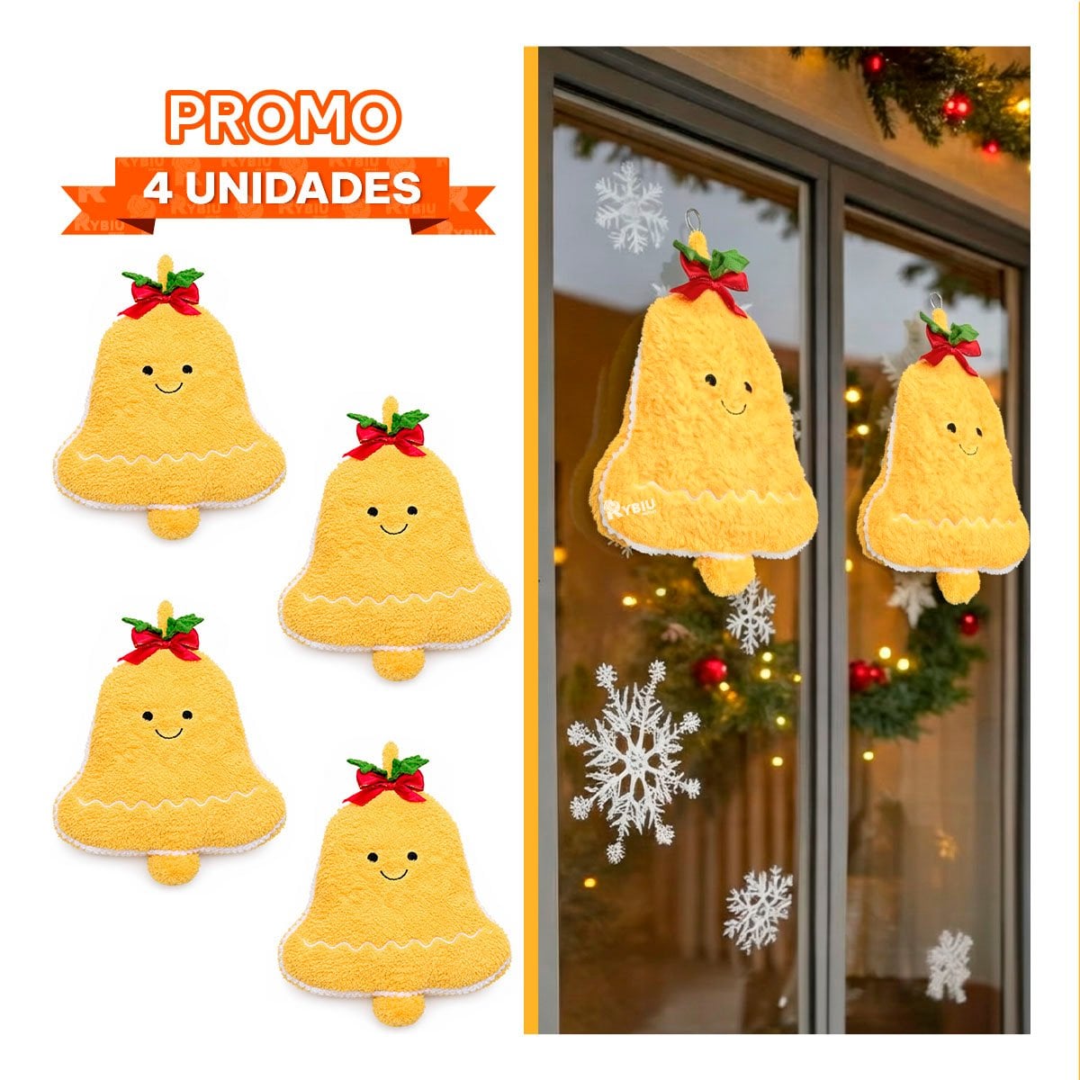 PACK4 ALMOHADILLA DECORATIVA DE NAVIDAD CON CAMPANA AMARILLO YPAPEL REGALO - 1