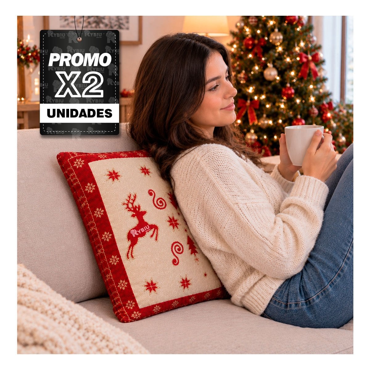 PACK2 COJIN DE RENO NAVIDENO BEIGE YREGALO STICKER - 1