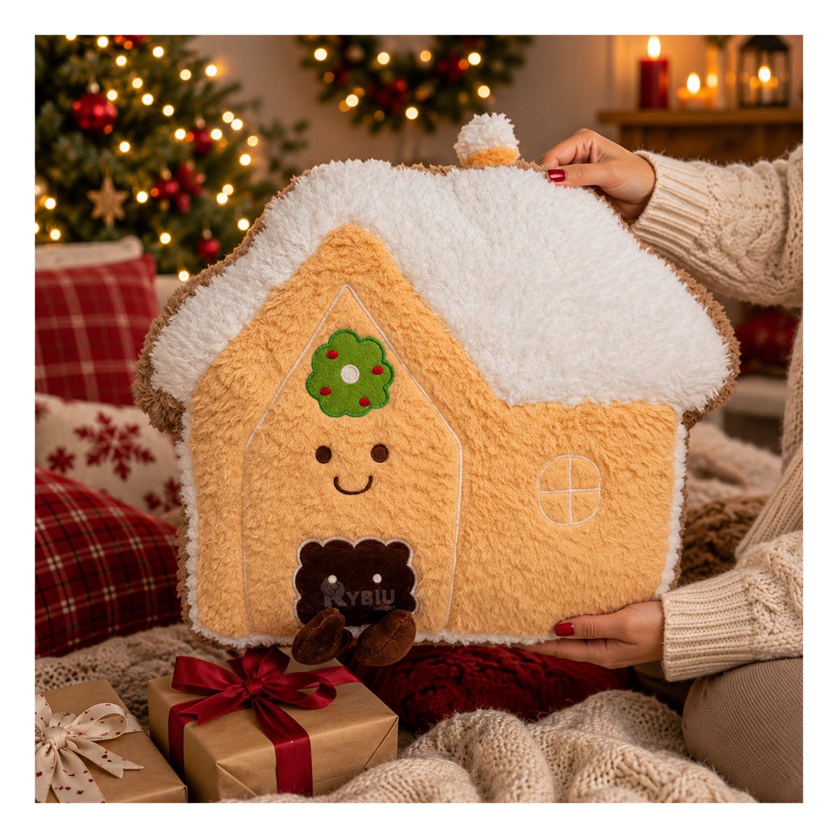 PACK4 COJIN ACOLCHADO DE NAVIDAD CON SILUETA DE CASITA AMARILLO CLARO YREGALO STICKER - 2