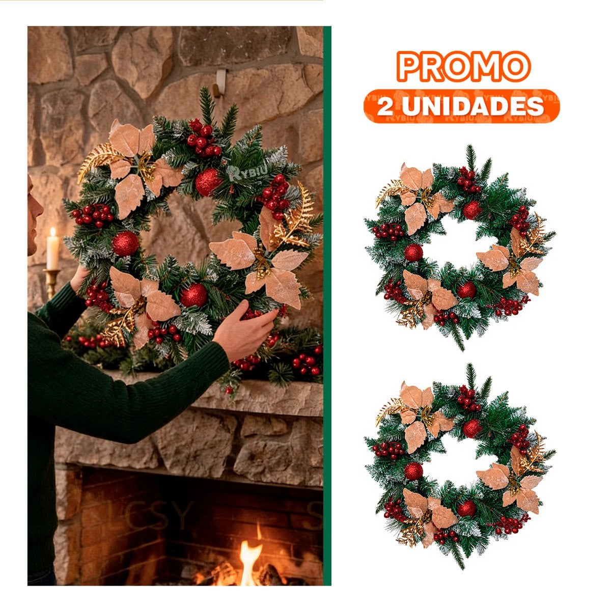 PACK2 CORONA NAVIDENA CON FRUTOS ROJOS Y FLORES VERDE - 1