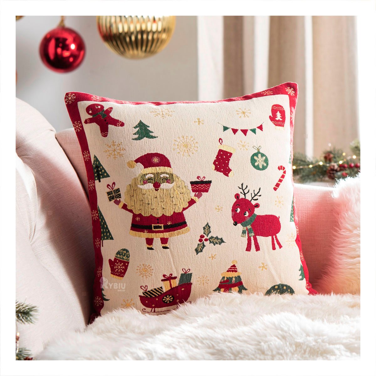 ALMOHADA DE PAPA NOEL CON OBSEQUIOS BEIGE Y REGALO STICKER - 1