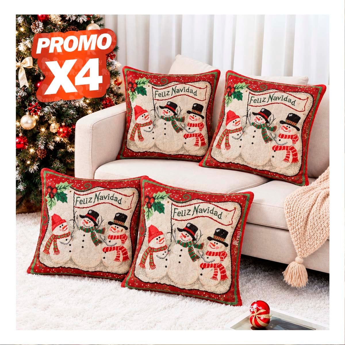 PACK4 FUNDA PARA COJIN CON 3 MUNECOS DE NIEVE 45X45CM ROJO YPAPEL REGALO - 1