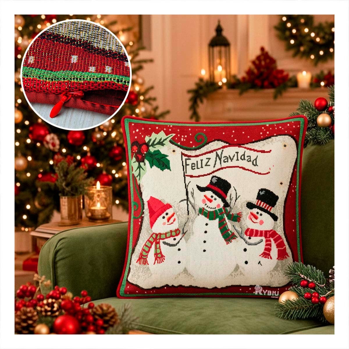 PACK4 FUNDA PARA COJIN CON 3 MUNECOS DE NIEVE 45X45CM ROJO YPAPEL REGALO - 2