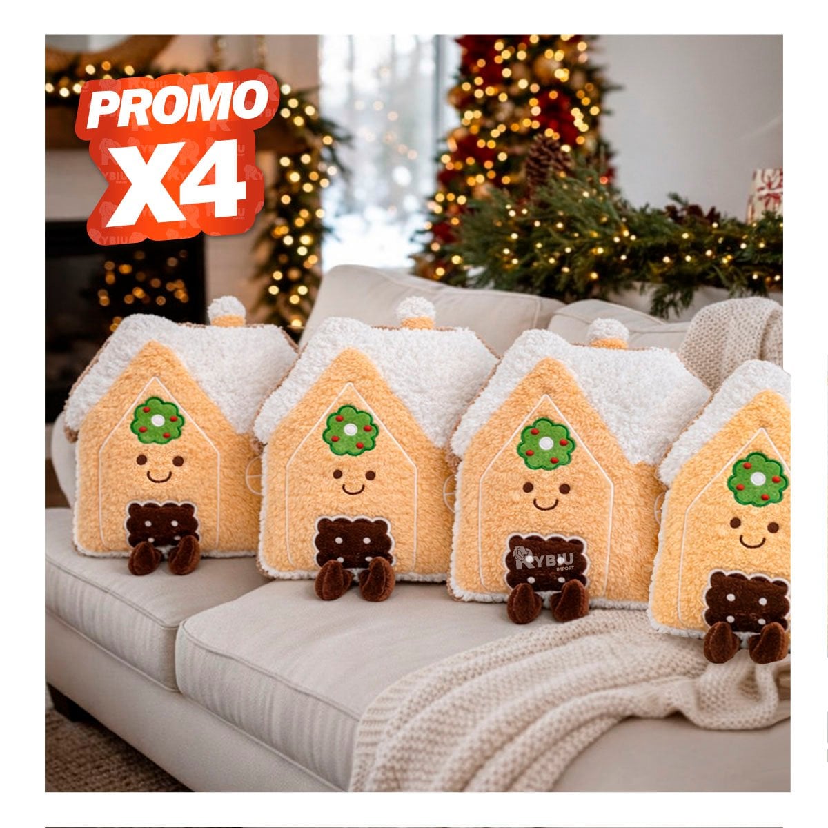 PACK4 ALMOHADON DE PELUCHE CON DISENO DE CASITA NAVIDENA AMARILLO CLARO YPAPEL REGALO - 1
