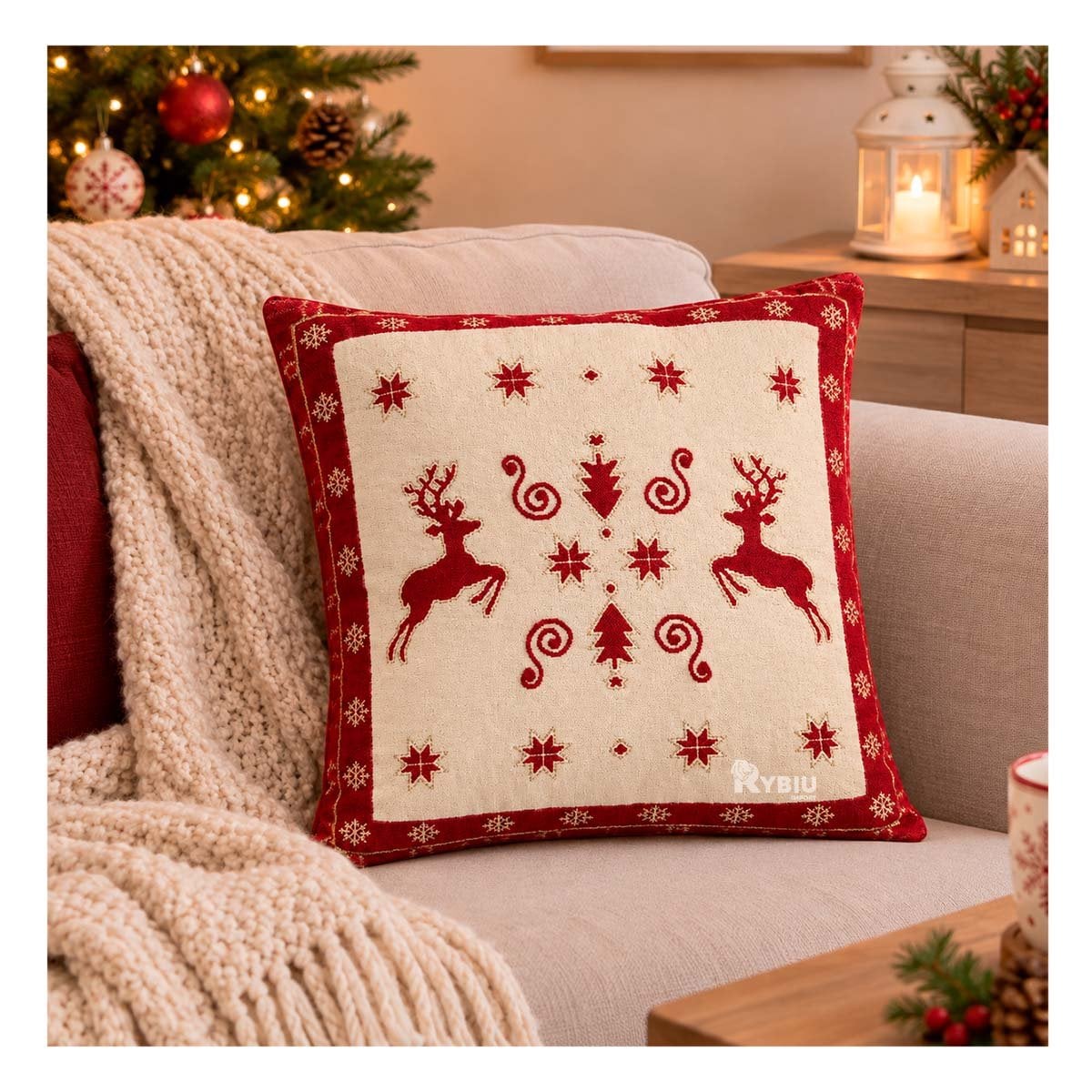 ALMOHADA CON DISENO RENO NAVIDENO BEIGE - 1
