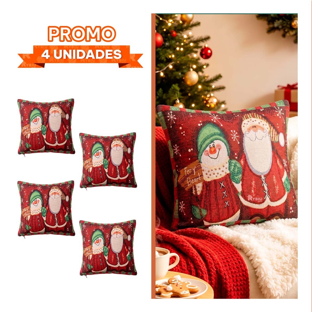 PACK4 FUNDA DE COJIN NAVIDENO PARA DECORAR 45X45CM ROJO - 1