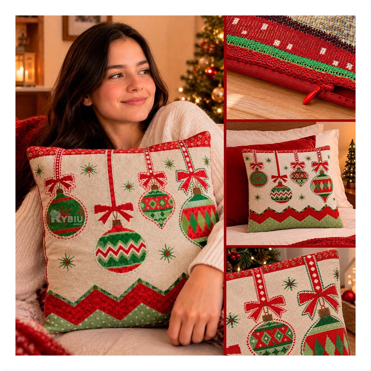 PROTECTOR DE ALMOHADA CON ESFERAS NAVIDENAS 45X45CM BEIGE Y PAPEL REGALO - 2