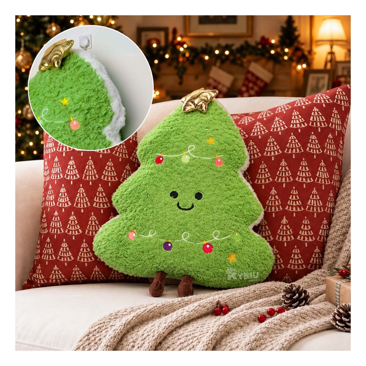 PACK4 COJIN FESTIVO CON TEXTURA DE PELUCHE CRESPO VERDE CLARO YPAPEL REGALO - 2