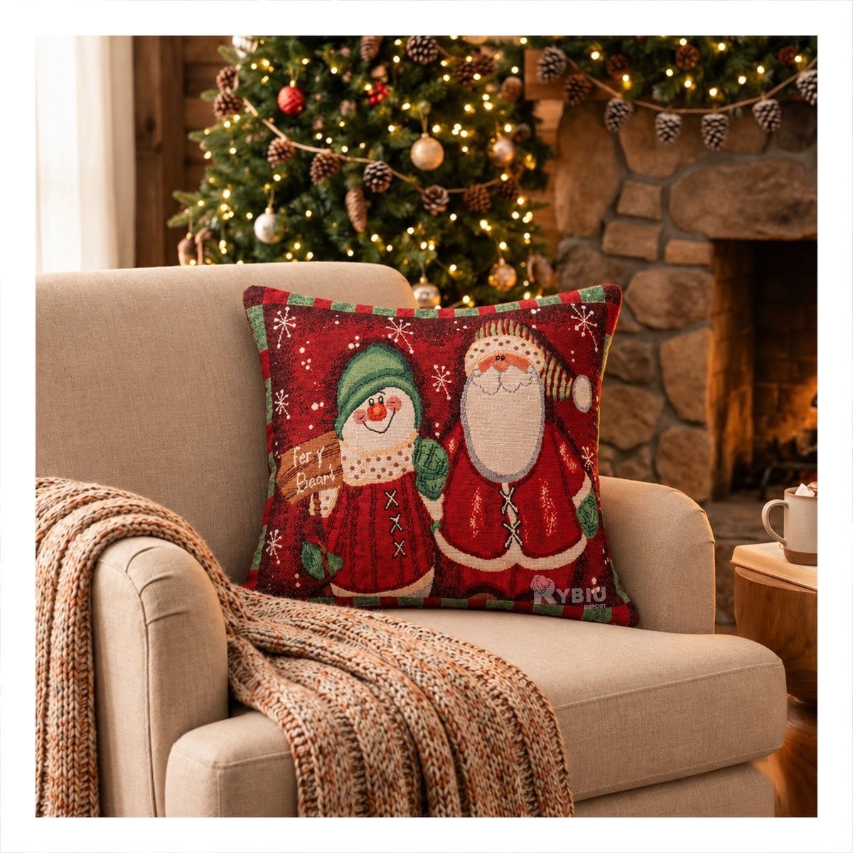 PROTECTOR DE ALMOHADA CON SANTA Y MUNECO DE NIEVE 45X45CM ROJO Y PAPEL REGALO - 1