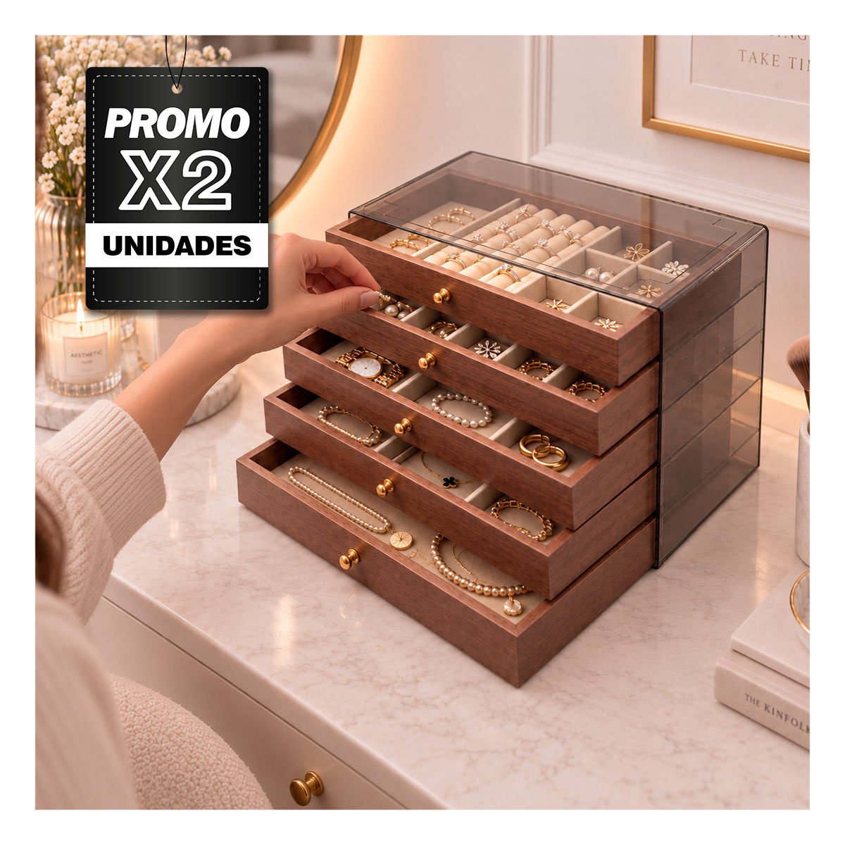 PACK2 JOYERO DE 5 NIVELES EN MADERA 24X14X17CM MARRON YREGALO STICKER - 1