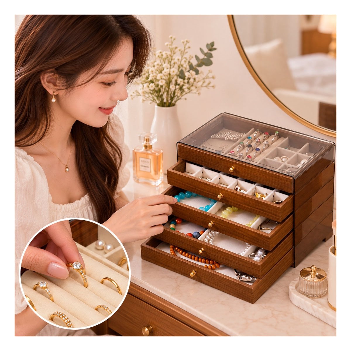 PACK2 JOYERO DE 5 NIVELES EN MADERA 24X14X17CM MARRON YREGALO STICKER - 2
