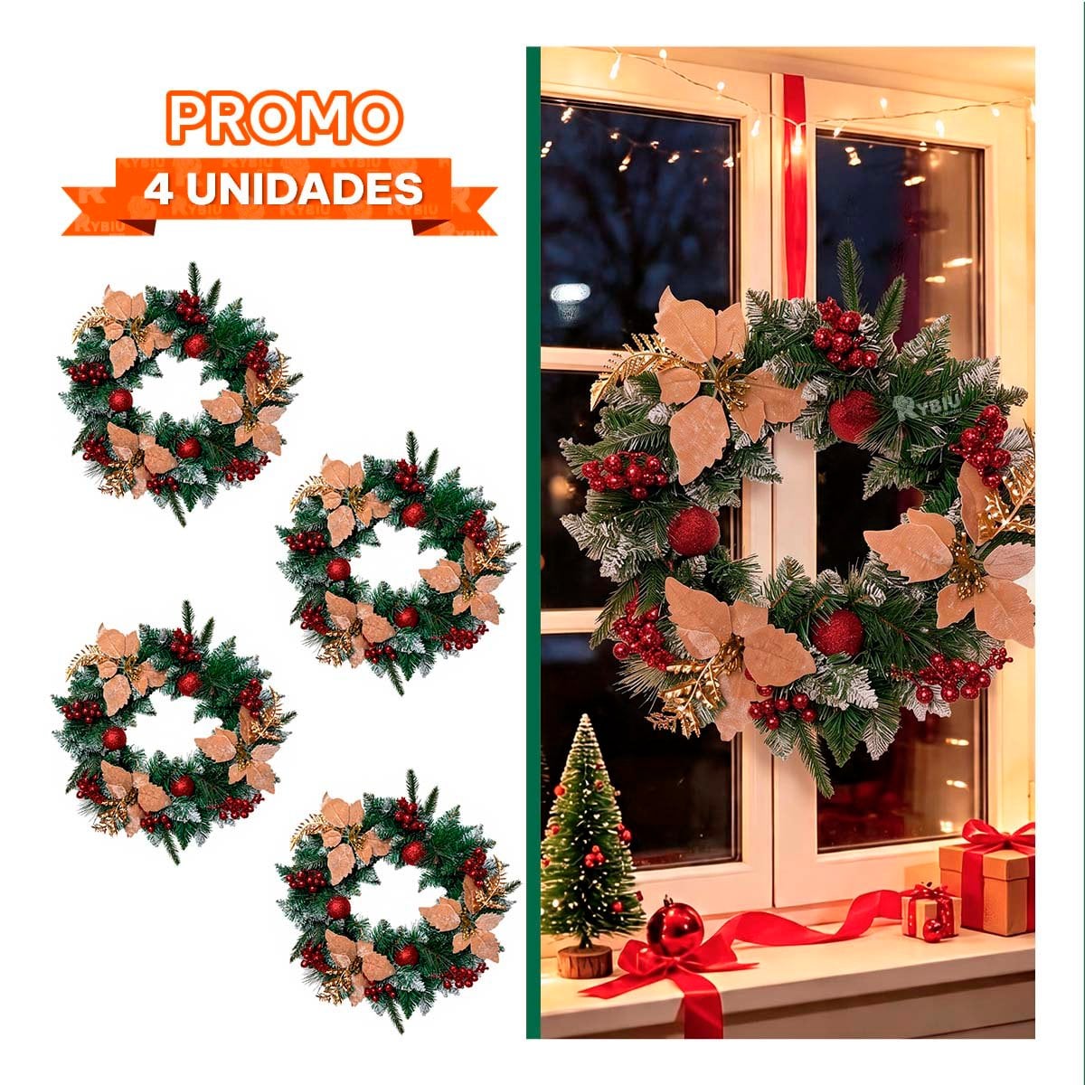 PACK4 CORONA DE NAVIDAD CON FLORES BEIGE Y PINO VERDE - 1