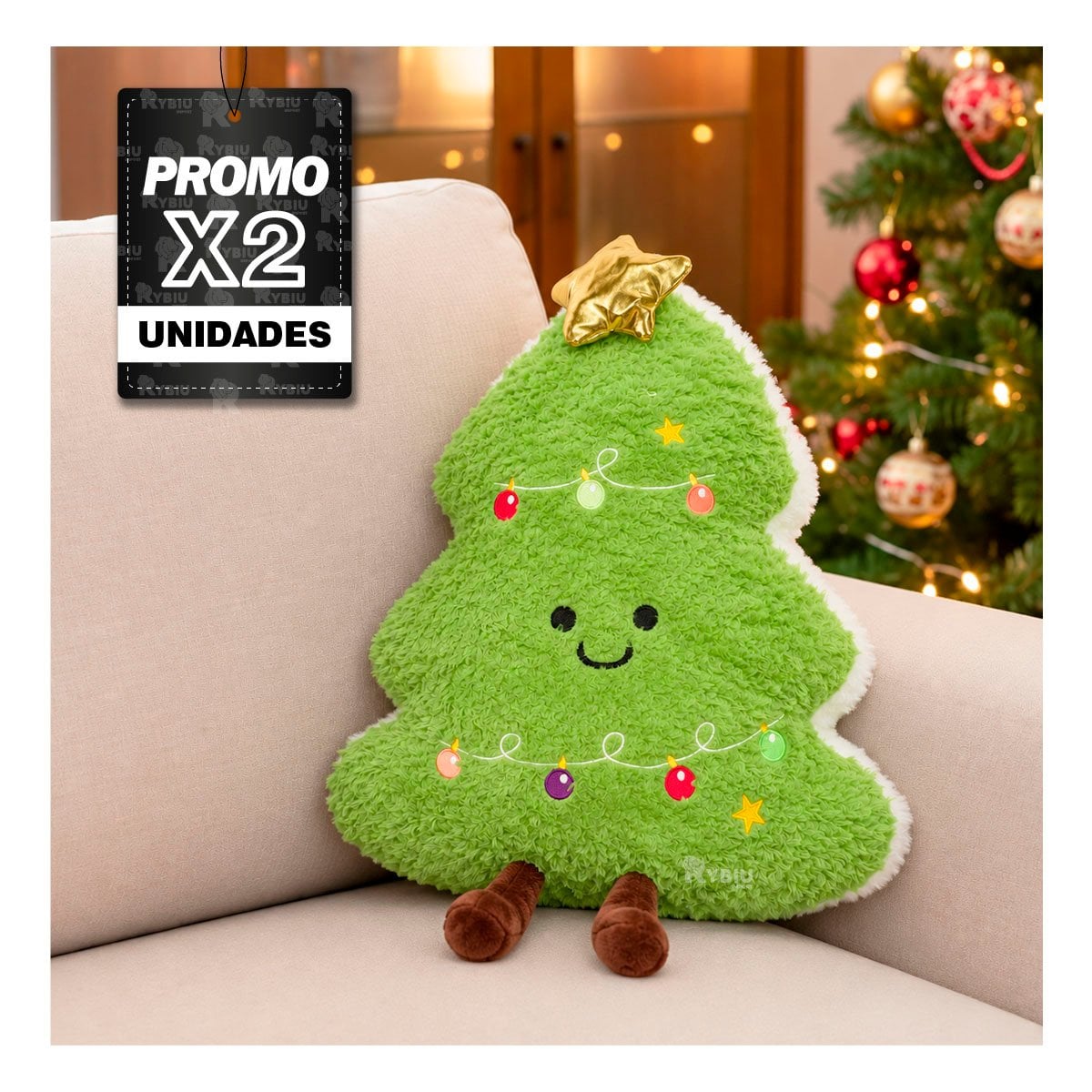 PACK2 COJIN DE SALA CON FORMA DE ARBOL DE PINO VERDE CLARO YREGALO STICKER - 1
