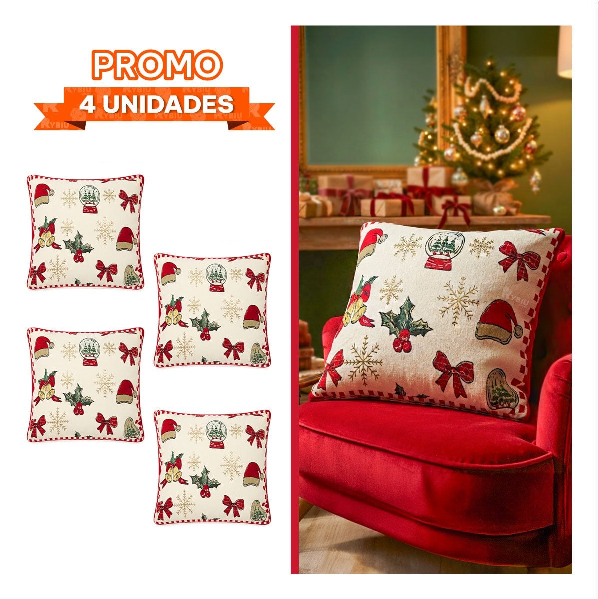 PACK4 COJIN CON ESTAMPA NAVIDENA PARA CASA BEIGE - 1