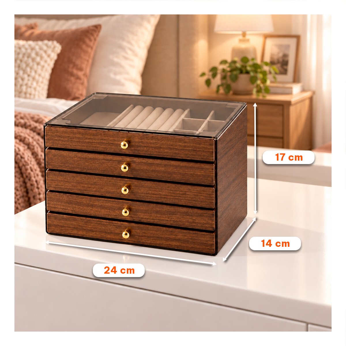 ALHAJERO PARA JOYAS CON DIVISIONES 24X14X17CM MARRON Y LIGAS REGALO - 3