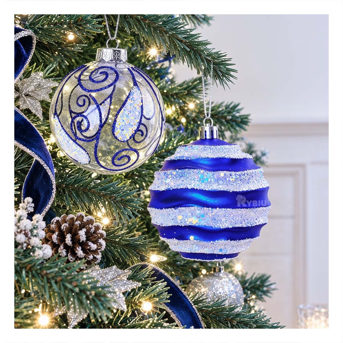 PACK4 ESFERAS 9 CON RAYAS PARA NAVIDAD 10CM AZUL YPAPEL REGALO - 2