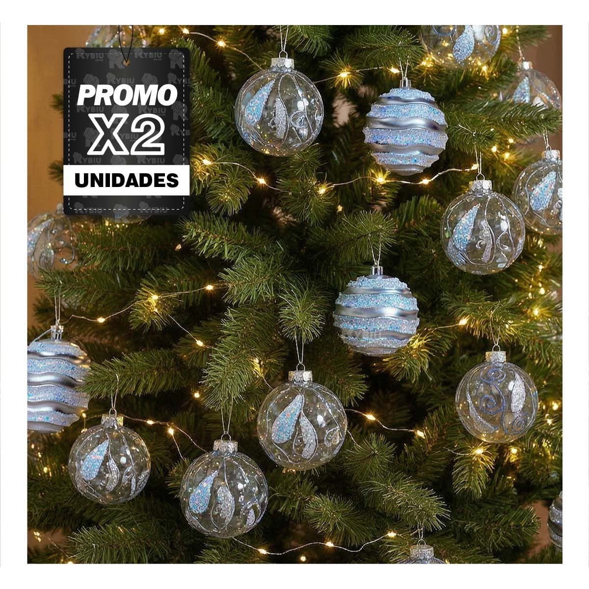 PACK2 SET 9 ADORNOS TRANSPARENTES PARA NAVIDAD 10CM PLATEADO YREGALO STICKER - 1