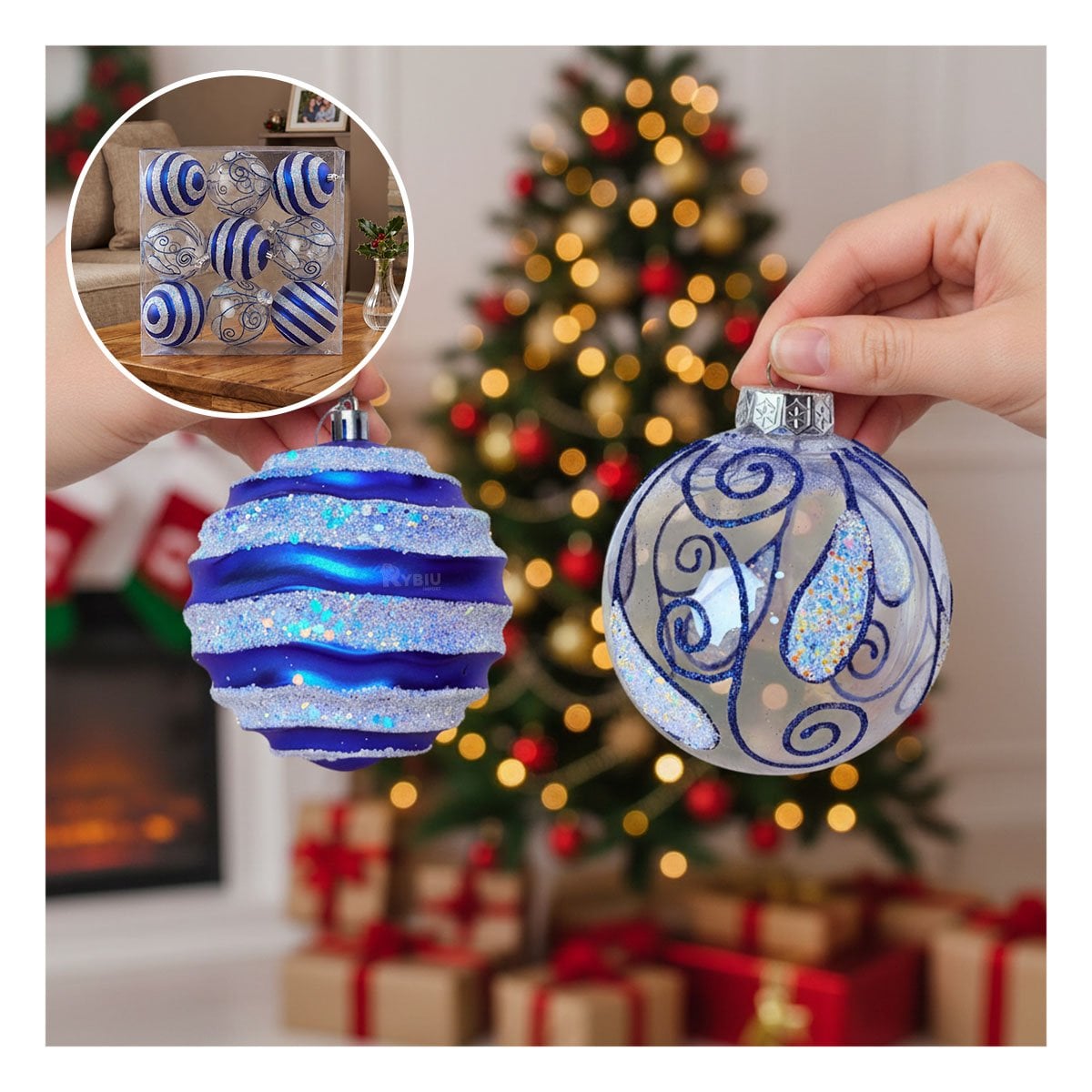 ESFERAS 9 TRANSPARENTES PARA ARBOL 10CM AZUL Y REGALO STICKER - 1