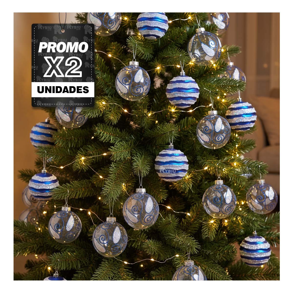 PACK2 SET 9 ADORNOS TRANSPARENTES PARA NAVIDAD 10CM AZUL YREGALO STICKER - 1