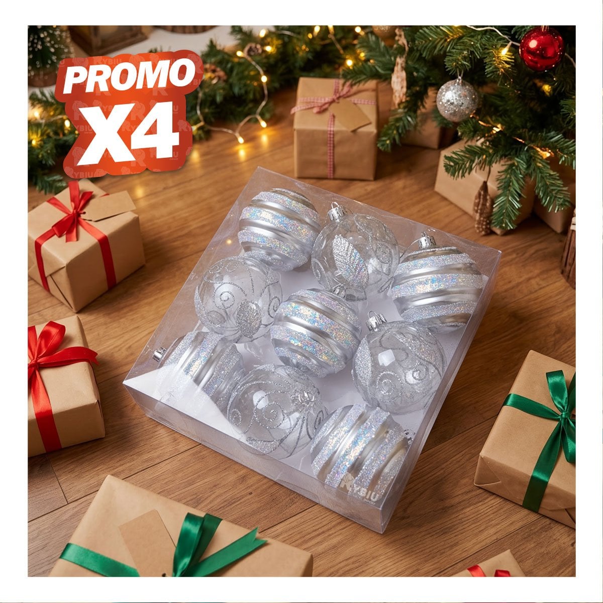PACK4 ESFERAS 9 CON RAYAS PARA NAVIDAD 10CM PLATEADO YPAPEL REGALO - 1