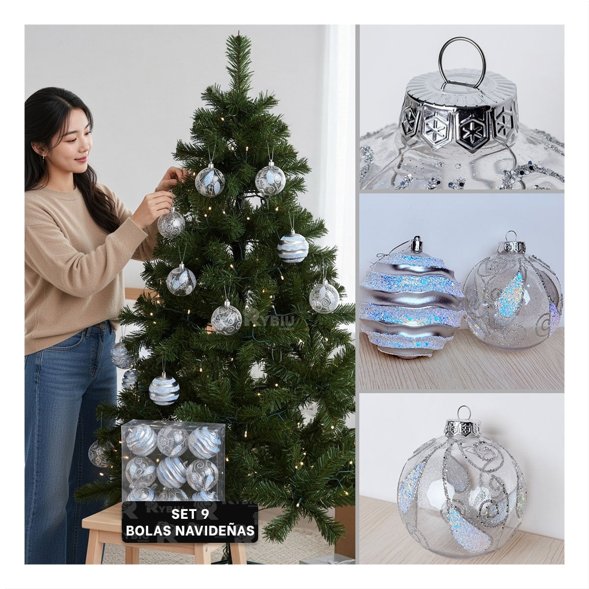 PACK4 ESFERAS 9 CON RAYAS PARA NAVIDAD 10CM PLATEADO YPAPEL REGALO - 3