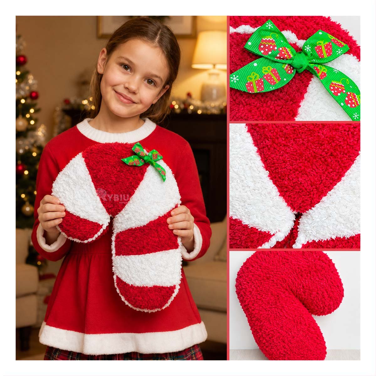 PACK4 COJIN FESTIVO CON TEXTURA DE PELUCHE CRESPO ROJO Y BLANCO YPAPEL REGALO - 3
