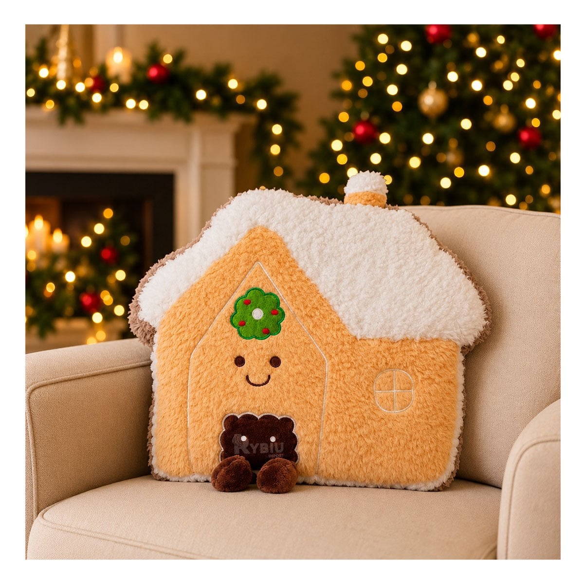 ALMOHADILLA FESTIVA CON DISENO DE CASITA NAVIDENA AMARILLO CLARO - 1