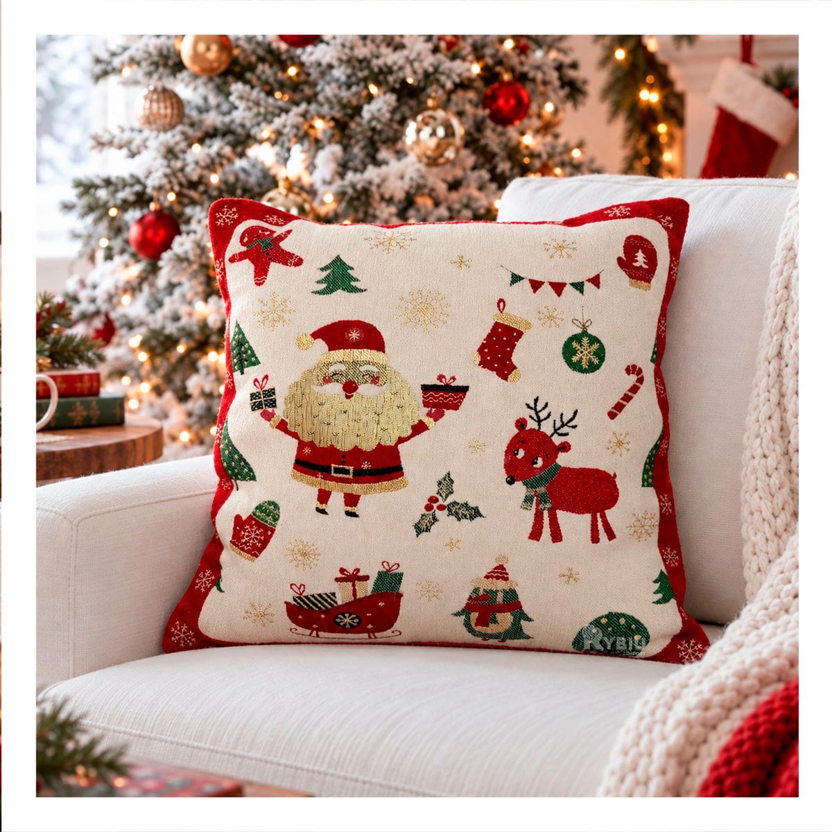 ALMOHADA FESTIVA PARA SALA BEIGE Y LIGAS REGALO - 1