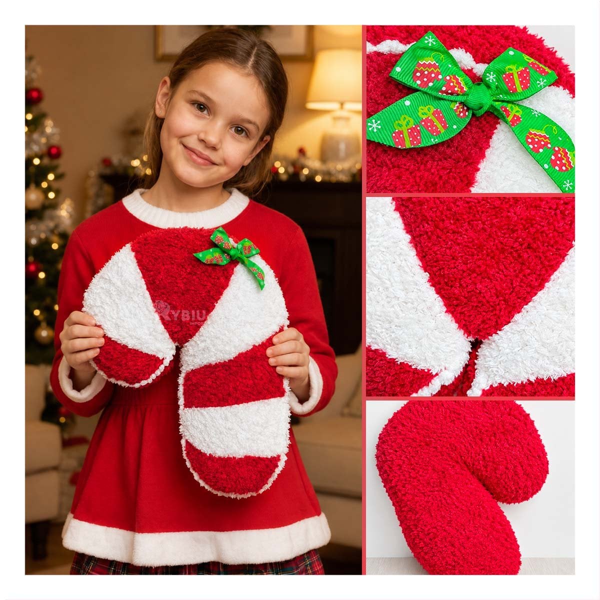 COJIN DECORATIVO DE NAVIDAD CON SILUETA DE BASTON ROJO Y BLANCO Y PAPEL REGALO - 2