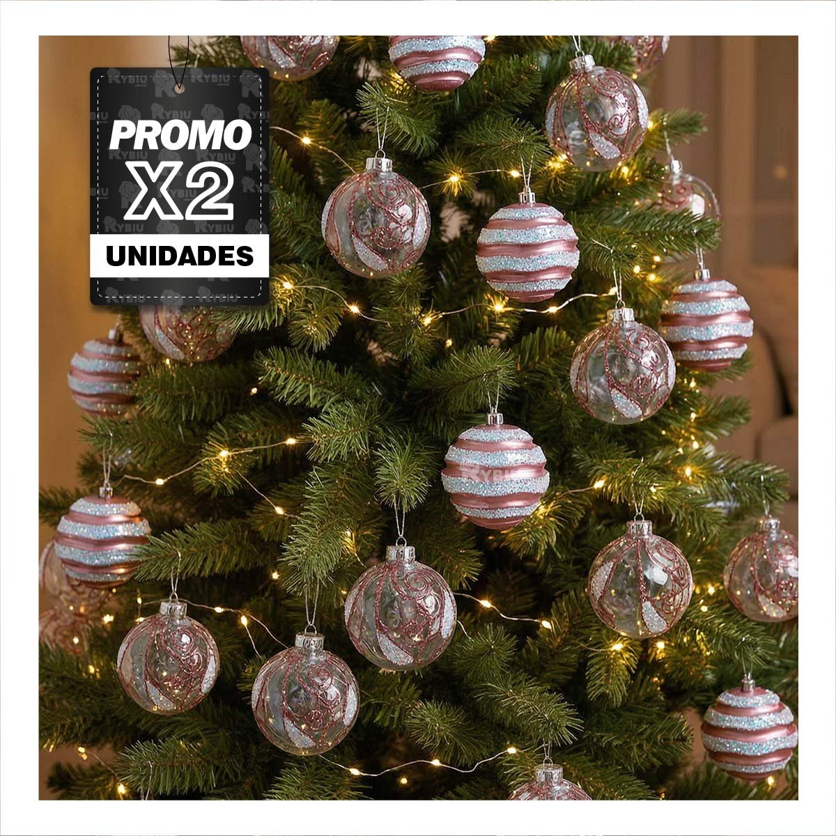 PACK2 SET 9 ADORNOS TRANSPARENTES PARA NAVIDAD 10CM ROSADO YREGALO STICKER - 1