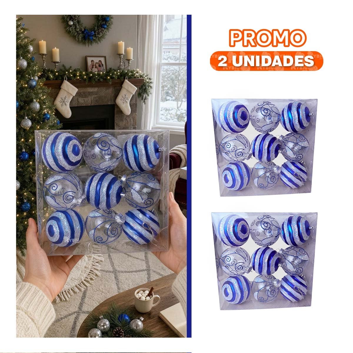 PACK2 SET 9 BOLAS PARA ARBOL NAVIDENO 10CM AZUL - 1