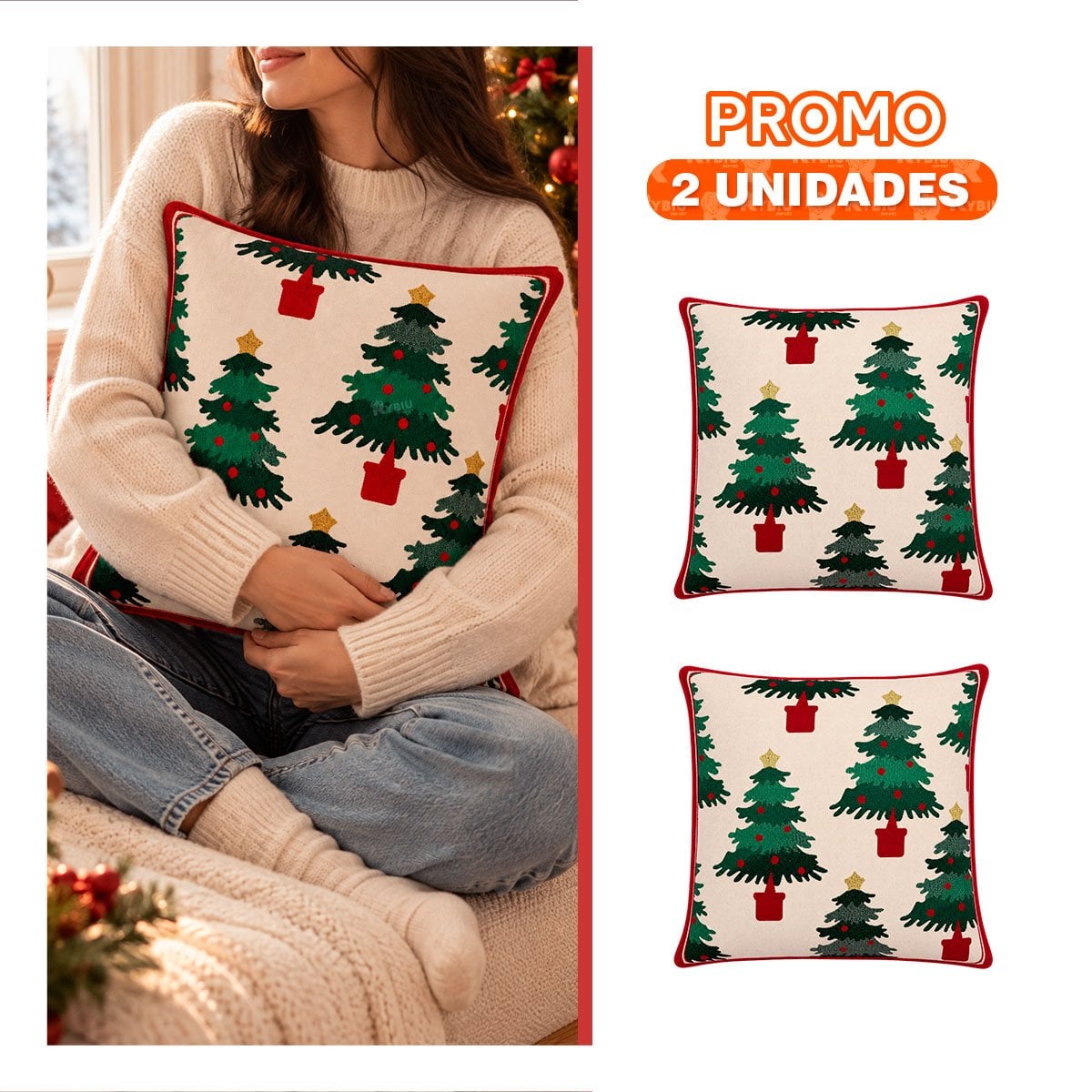 PACK2 COJIN CON DISENO DE PINO NAVIDENO BEIGE - 1